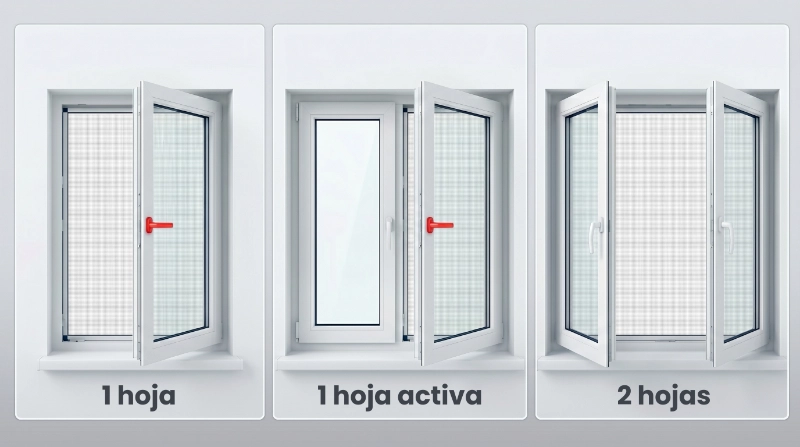Esquema visual mostrando instalación en ventana de 1 hoja, ventana de 2 hojas y hoja activa